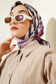 Şeritli Çiçek Desen Rayon Eşarp Lila - 1