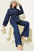 Göğüs Cep Kapaklı Kuşaklı Kot İkili Takım Lacivert thumbnail 1