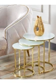 SEDAŞ LIVING UNITS 4 Lü Beyaz Temperli Kırılmaz Cam Gold Metal Ayaklı Cam C Model Sehpa Takımı (ZİGON VE ORTA) - 4