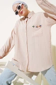 İnce Çizgili Cep Taşlı Gömlek Latte thumbnail 1