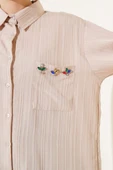 İnce Çizgili Cep Taşlı Gömlek Latte thumbnail 4