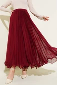 Bel Fermuarlı Şifon Pileli Etek Bordo - 2