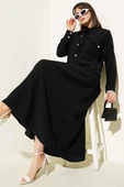 Yaka Bağlamalı Düğmeli Etekli İkili Takım Siyah thumbnail 1