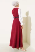 Düğmeli Kemerli Jile Elbise Bordo - 3