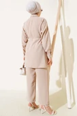 Pelerin Parçalı İp Kuşaklı İkili Takım Bej thumbnail 3