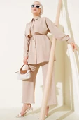 Pelerin Parçalı İp Kuşaklı İkili Takım Bej thumbnail 1