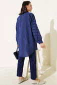 Fırfır Detaylı Taş Düğmeli Çizgili Gömlek Lacivert thumbnail 3