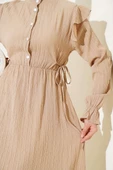 Omuz Fırfırlı Yan İp Bağcıklı Elbise Bej thumbnail 4
