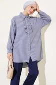 Fırfır Detaylı Taş Düğmeli Çizgili Gömlek Gri thumbnail 1