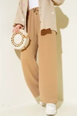 Bel Lastikli Geniş Paça Ayrobin Pantolon Latte - 2