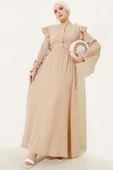 Omuz Fırfırlı Yan İp Bağcıklı Elbise Bej thumbnail 1