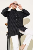 Fırfır Detaylı Taş Düğmeli Çizgili Gömlek Siyah thumbnail 1