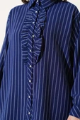 Fırfır Detaylı Taş Düğmeli Çizgili Gömlek Lacivert thumbnail 4