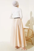 Bel Fermuarlı Kemerli Kraş Etek Bej thumbnail 3