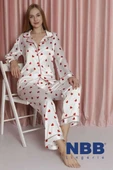 NBB Desenli Saten Pijama Takımı Ekru - 1