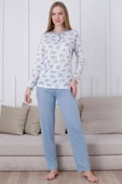 Çiçek Baskılı Düğmeli Viskon Pijama Takımı Mavi - 2