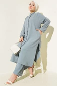 Gizli Düğmeli Yan Yırtmaçlı Uzun Tunik Takım Gri thumbnail 1