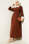 Gömlek Yaka Önü Taşlı Elbise Kahve thumbnail 1
