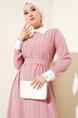 Gömlek Yaka Önü Taşlı Elbise Pudra thumbnail 2