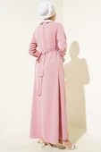 Gömlek Yaka Önü Taşlı Elbise Pudra thumbnail 3