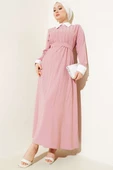 Gömlek Yaka Önü Taşlı Elbise Pudra thumbnail 1