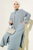 Gizli Düğmeli Yan Yırtmaçlı Uzun Tunik Takım Gri thumbnail 2