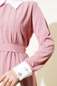 Gömlek Yaka Önü Taşlı Elbise Pudra thumbnail 4
