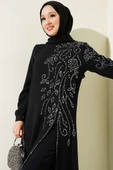 Önü Parlak Taşlı Uzun Tunik Büyük Beden İkili Takım Siyah thumbnail 2