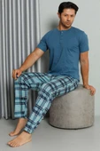 Ekose Baskılı Düğmeli Kısa Kol Pijama Takım İndigo thumbnail 1