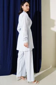 Omuz Pileli Kuşaklı Keten İkili Takım Buz Mavisi thumbnail 3
