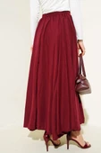 Bel Fermuarlı Sık Pileli Kırışık Etek Bordo thumbnail 3