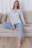 Çiçek Baskılı Düğmeli Viskon Pijama Takımı Mavi - 1