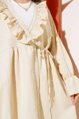 Yaka Fırfırlı Yan İp Bağlamalı Kimono Bej - 4