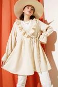 Yaka Fırfırlı Yan İp Bağlamalı Kimono Bej - 1