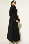 Önü Bağlamalı Yarım Düğmeli Tencel Elbise Siyah - 3