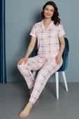 Ekose Desen Düğmeli Pijama Takım Pembe - 1