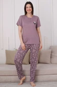 İki Düğmeli Desenli Viskon Pijama Takımı Leylak - 1