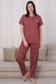 İki Düğmeli Desenli Viskon Pijama Takımı Gül Kurusu - 2
