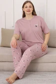 Çiçek Baskılı Kısa Kol Büyük Beden Pijama Takım Pudra thumbnail 1
