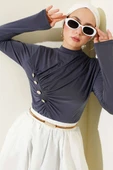 Düğmeli Büzgülü Sandy Bluz Füme - 1