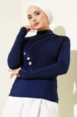 Düğmeli Büzgülü Sandy Bluz Lacivert - 2