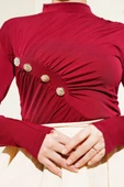 Düğmeli Büzgülü Sandy Bluz Bordo - 4