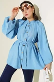 Gold Düğmeli Balon Kol Gömlek Mavi thumbnail 1