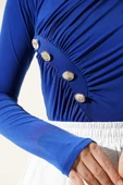 Düğmeli Büzgülü Sandy Bluz Saks - 4