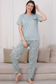 İki Düğmeli Desenli Viskon Pijama Takımı Mint thumbnail 2