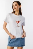 Kadın Cocktail Baskı Desenli Kısa Kollu Organik Pamuklu Bisiklet Yaka Crop T-shirt COCKTAIL-T-SHIRT - 3
