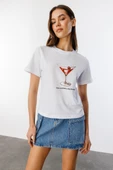Kadın Cocktail Baskı Desenli Kısa Kollu Organik Pamuklu Bisiklet Yaka Crop T-shirt COCKTAIL-T-SHIRT - 4