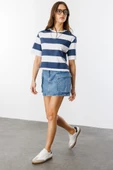Boxy Fit Bisiklet Yaka Çizgili Basic Kısa Kollu Tişört CROP-ÇİZGİLİ - 2