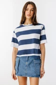 Boxy Fit Bisiklet Yaka Çizgili Basic Kısa Kollu Tişört CROP-ÇİZGİLİ - 1