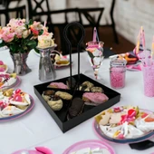 Tek Katlı Dekoratif Metal Siyah Çerezlik, Peynir Sunum Servis Tabağı - Lokumluk, Makaron, Pankek ve Tatlı İçin İdeal - 7